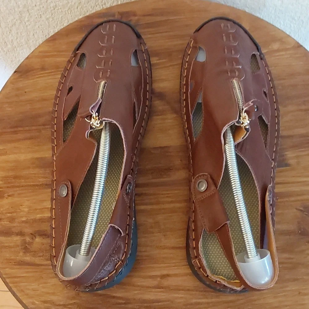 Men's Brown Leather Fisherman Sandal Shoes Adjustable Easy On /Off Sz.13